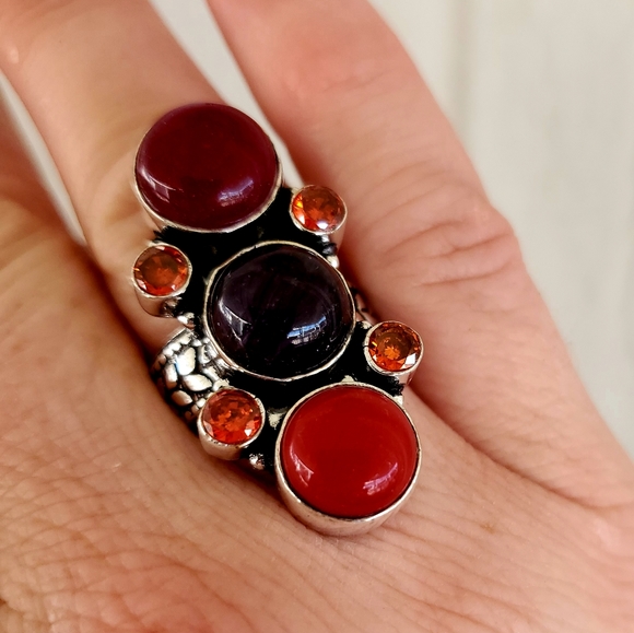 New Cherry Ruby, Amethyst, Coral & Garnet 925 Silver Ring - Picture 7 of 8